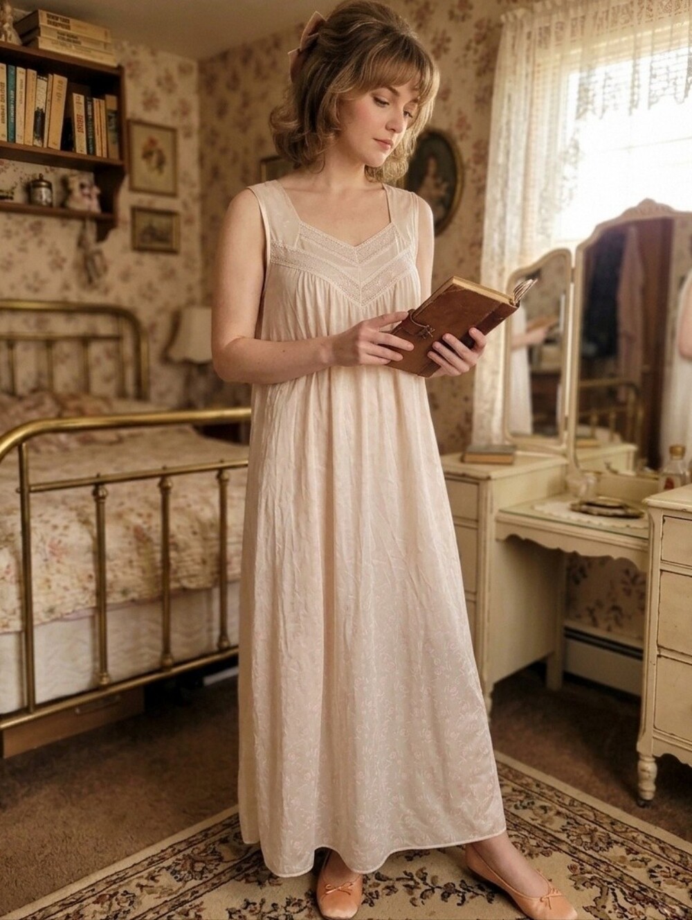 Vintage Vanity Fair Pink Lace Floral Jacquard Coquette Cottagecore Nightgown S